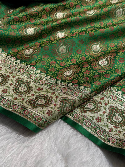 Bottle Green Jamawar Tanchoi With Minakari Jaal Katan Silk Saree SKTM-24
