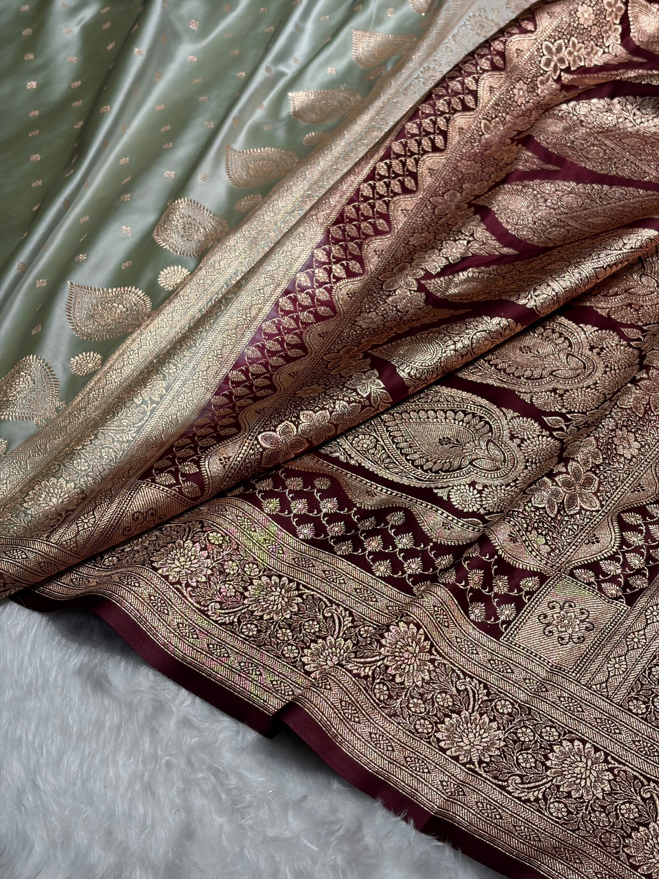 Pista with Chocolate Booti Satin Katan Silk saree SK29