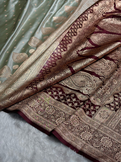 Pista with Chocolate Booti Satin Katan Silk saree SK29