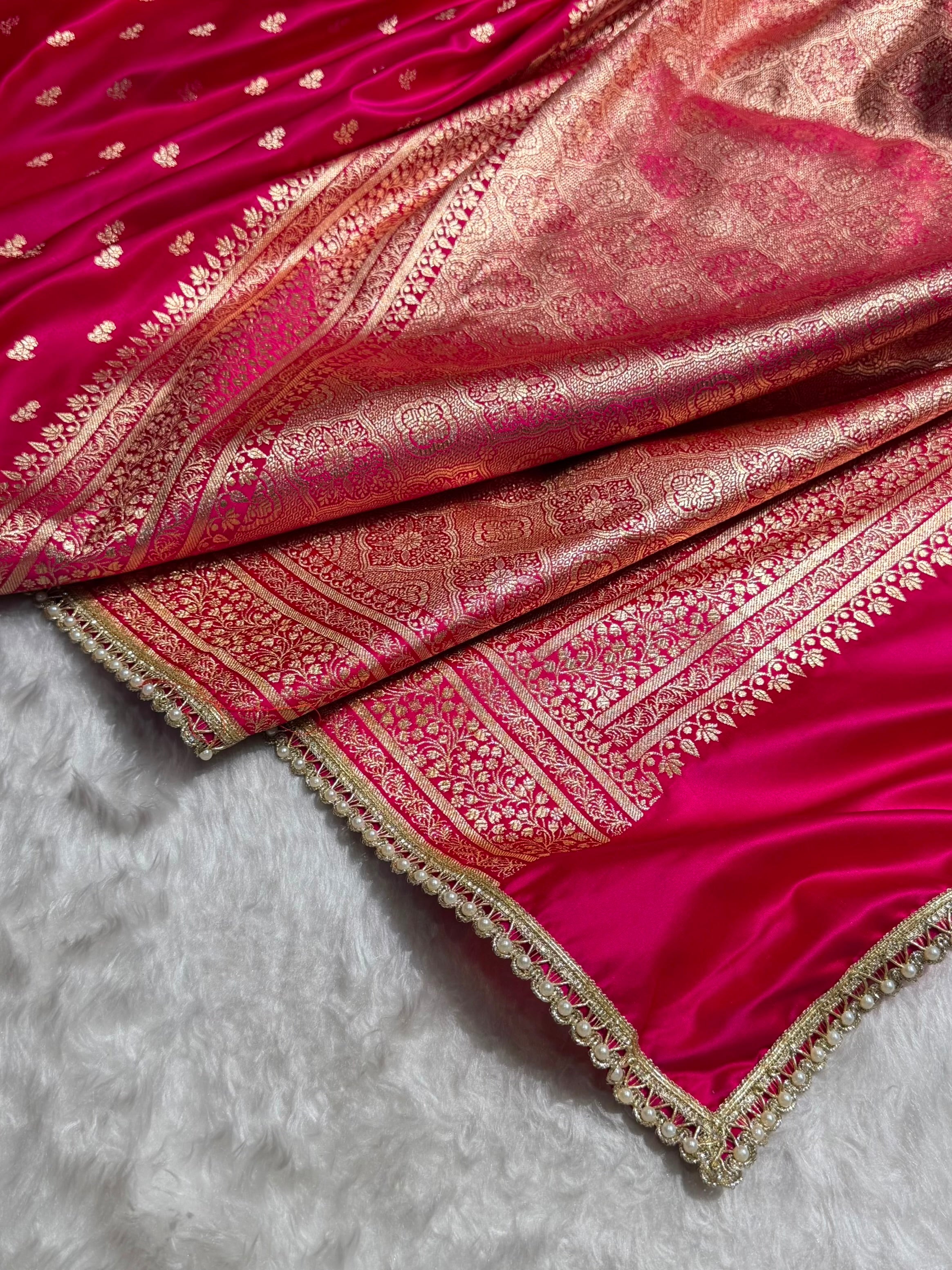 Banarasi Satin Katan Saree With Gotta Patti Boota in Rani Shades SKGP89