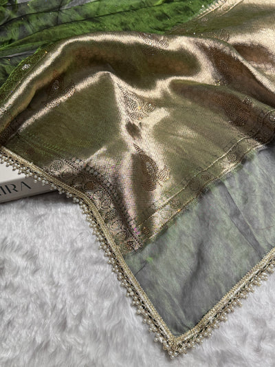 Mehandi Shades Pure Tissue Silk With Banarasi Swarovski Work Saree with Brocade Blouse BPGPT-09