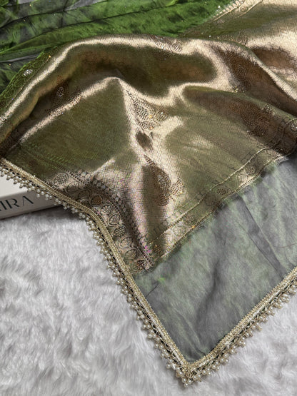 Mehandi Shades Pure Tissue Silk With Banarasi Swarovski Work Saree with Brocade Blouse BPGPT-09