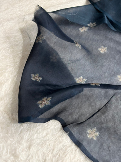 Light Beige & Navy Blue Organza with Pastel Multicolor Florals POP09