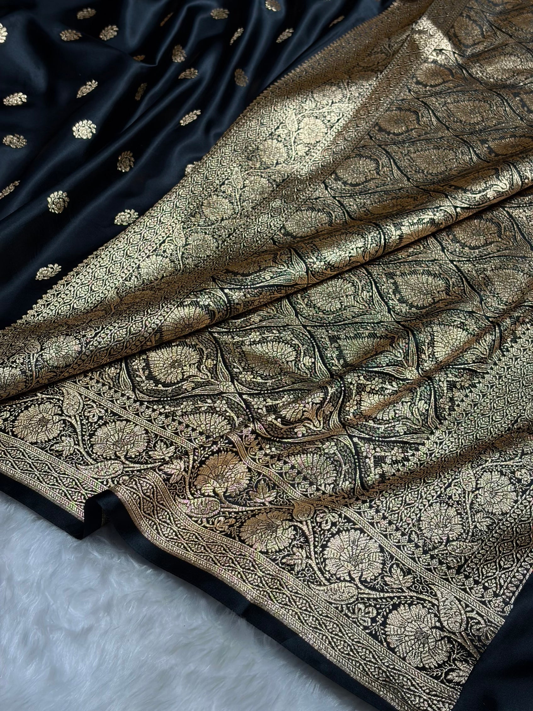 Black Floral Boota Pattern Satin Katan Silk Saree SK72