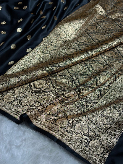 Black Floral Boota Pattern Satin Katan Silk Saree SK72