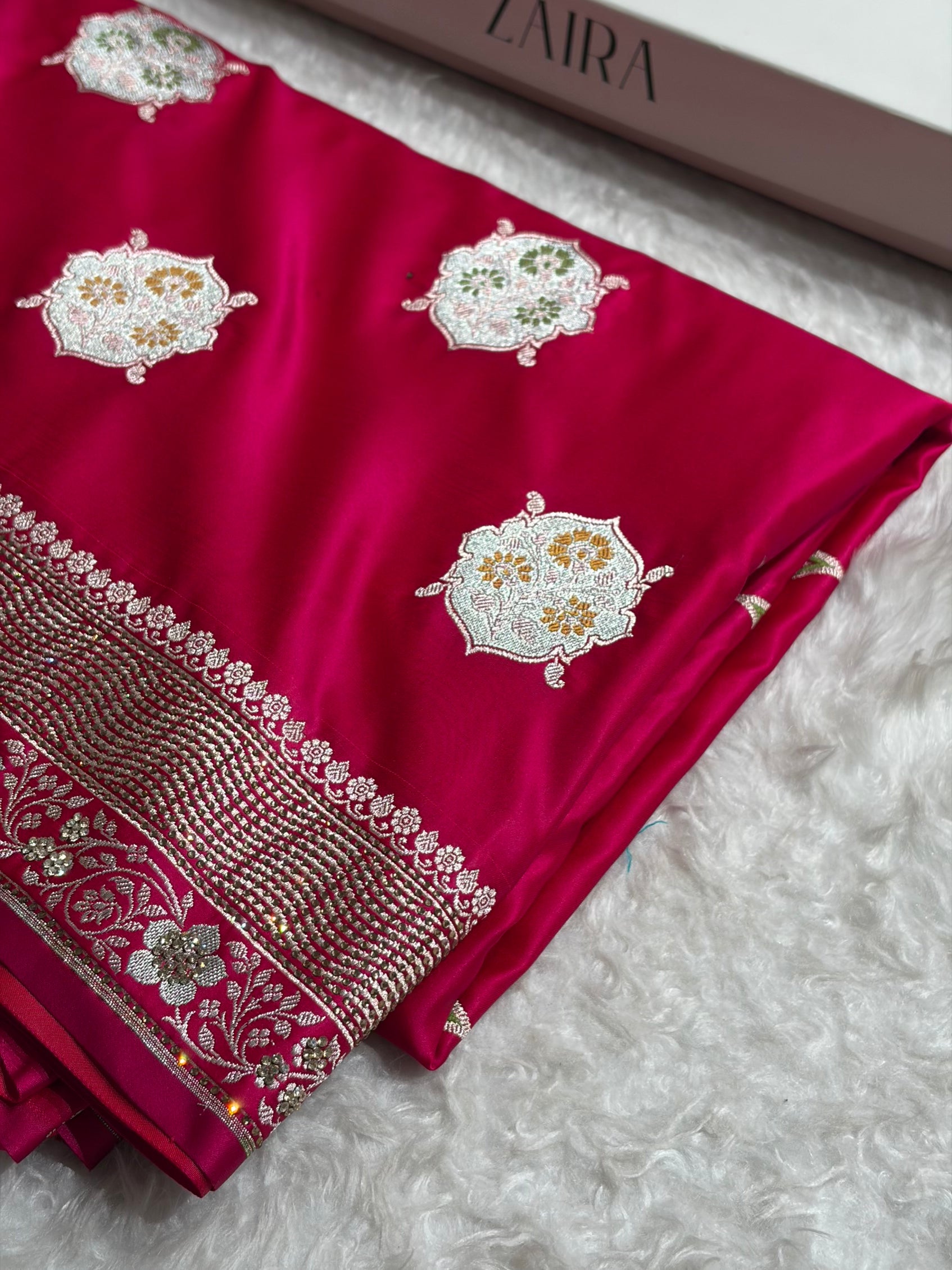 Premium Banarasi Satin Katan Saree Swarovski Work Minakari Booti Pattern in Rani Shades BSK04