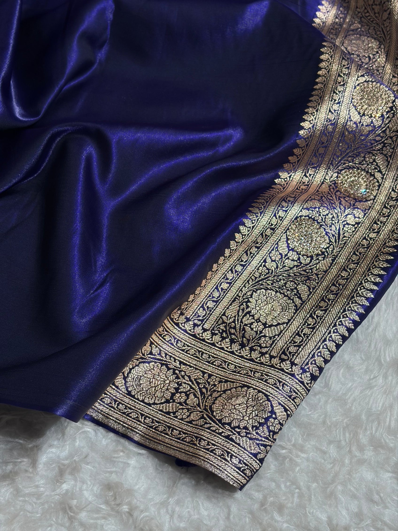 Satin Silk Cross Pattern With Swarovski Work in Royal Blue Shades BSS37