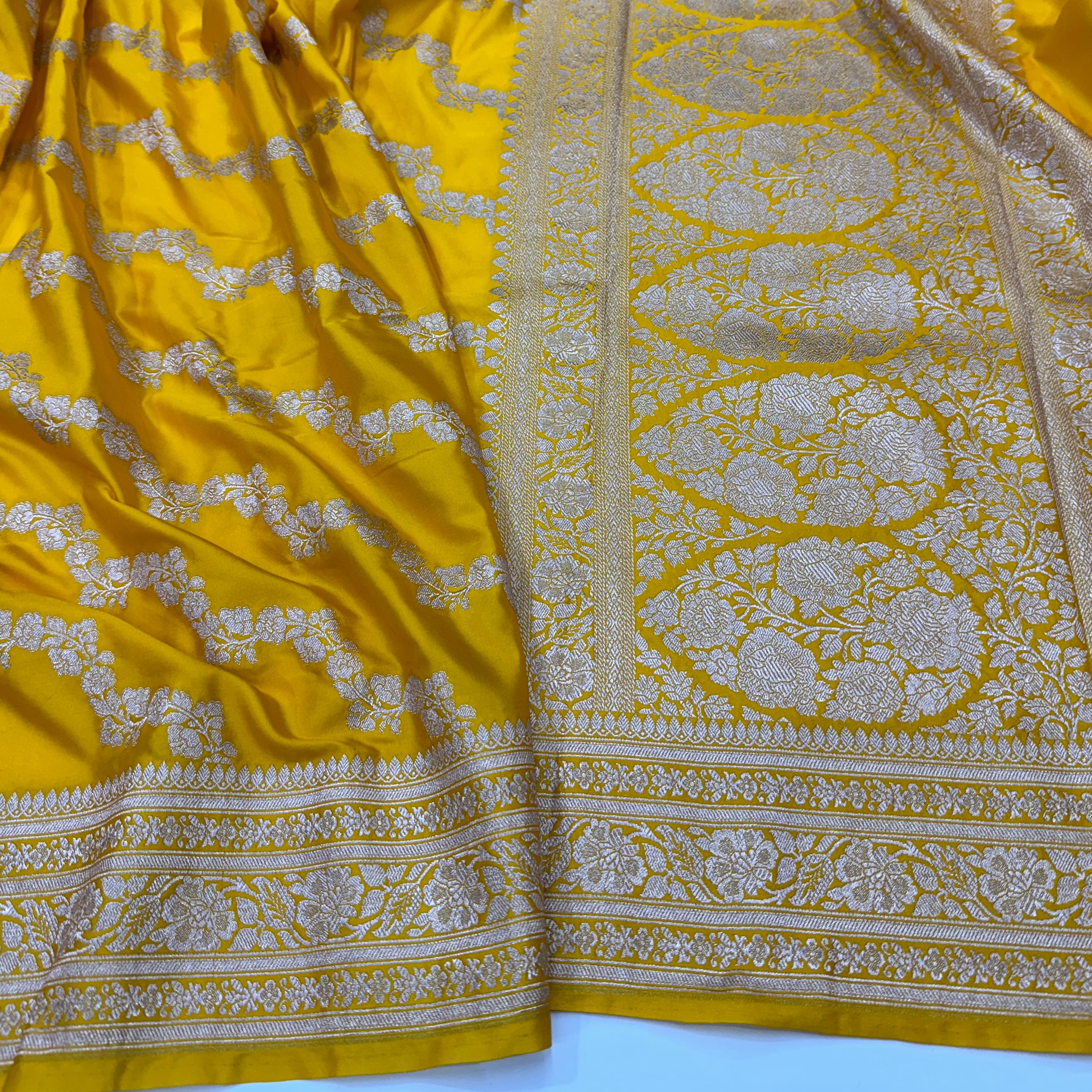 Mango Yellow Cross Mashru Silk Saree