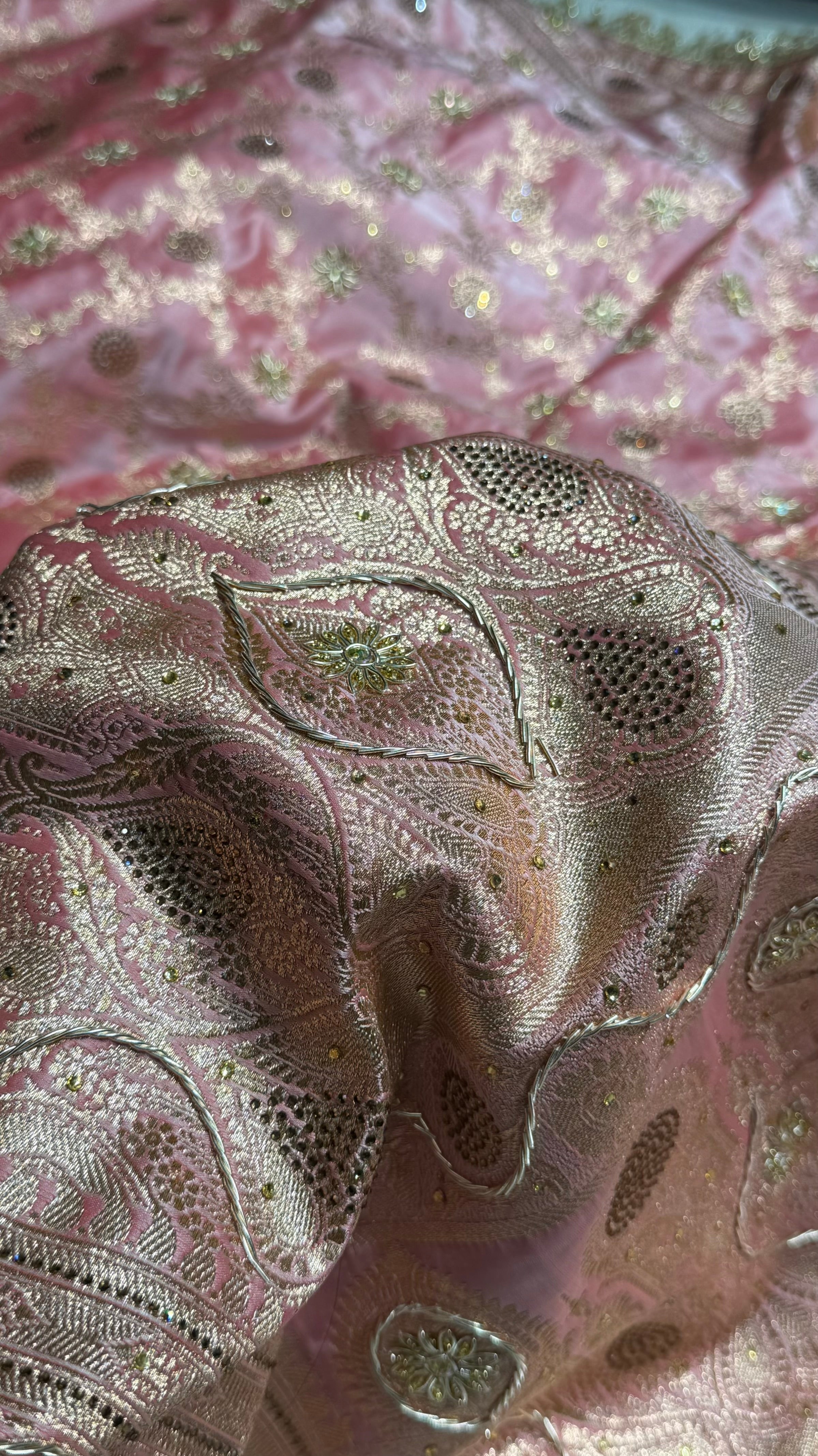 Baby Pink Swavroski & Zardozi Work With Gotta Patti Jaal Pattern Satin Katan Silk Saree BSKGP25