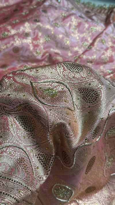 Baby Pink Swavroski & Zardozi Work With Gotta Patti Jaal Pattern Satin Katan Silk Saree BSKGP25