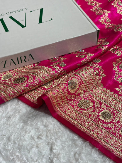 Banarasi Bridal Pink Shades With Swarovski Stone and White Stone Work Satin Silk Saree BSS32
