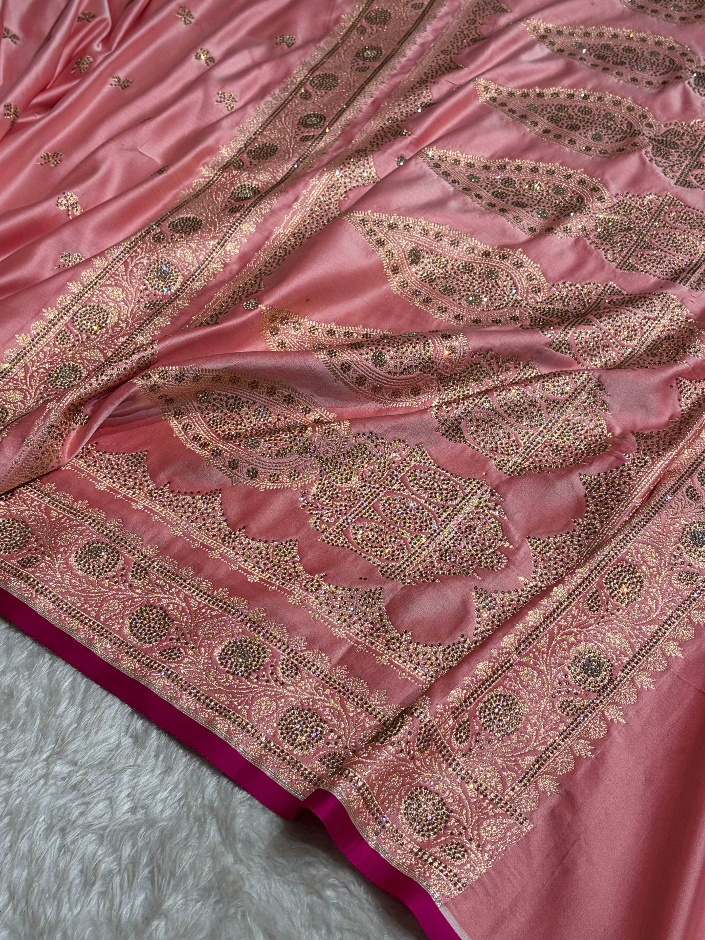Banarasi Baby Pink Booti With Swarovski Work Katan Silk Saree BSK09