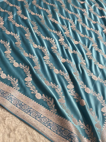 Powder Blue Shades Minakari Border Mashru Silk Saree With Cross Pattern MS03