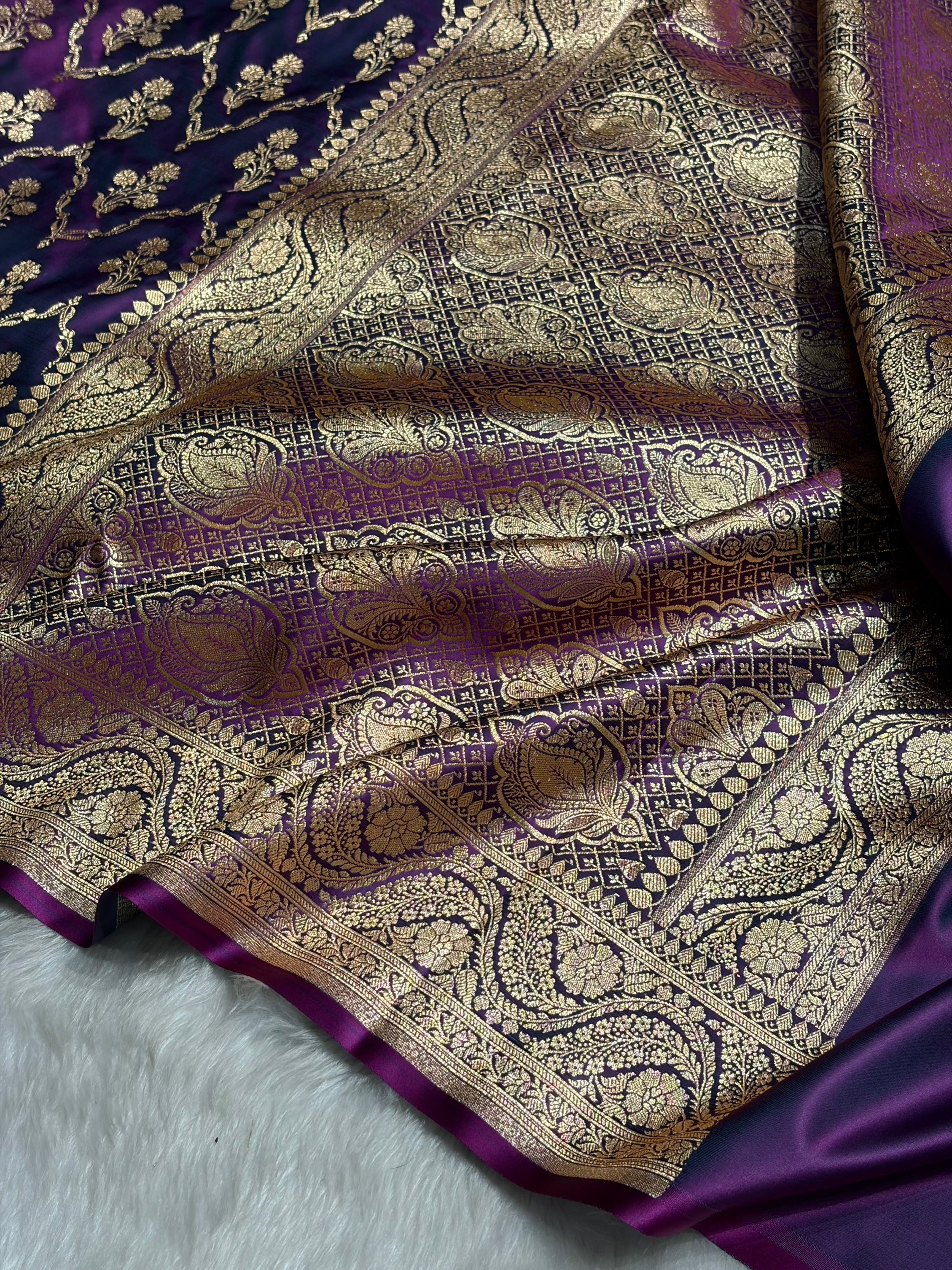 Wine Cross with Boota Pattern Satin Katan Silk Saree SK67