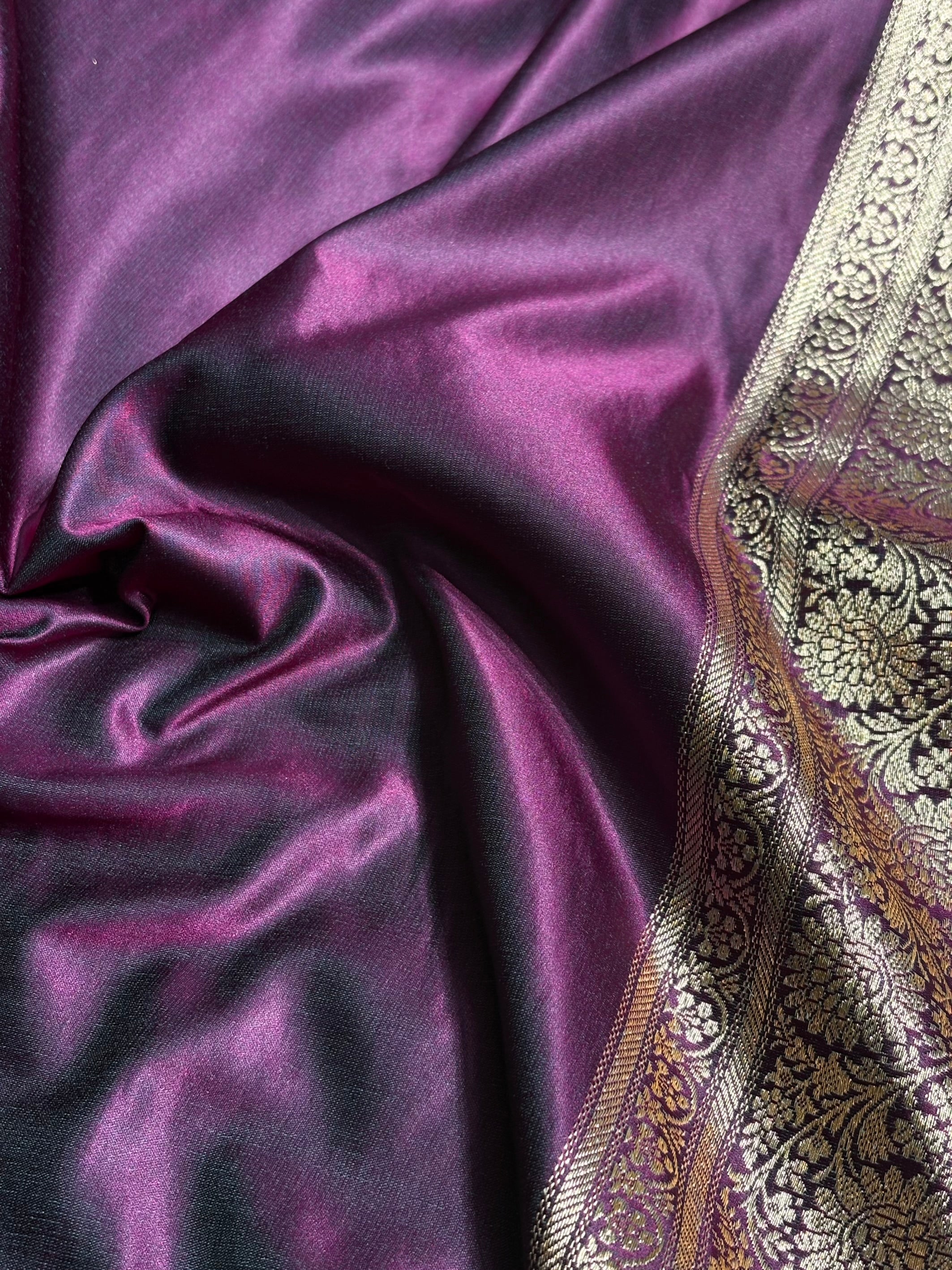 Wine Shades Floral Jaal Pattern Satin Katan Silk saree SK60