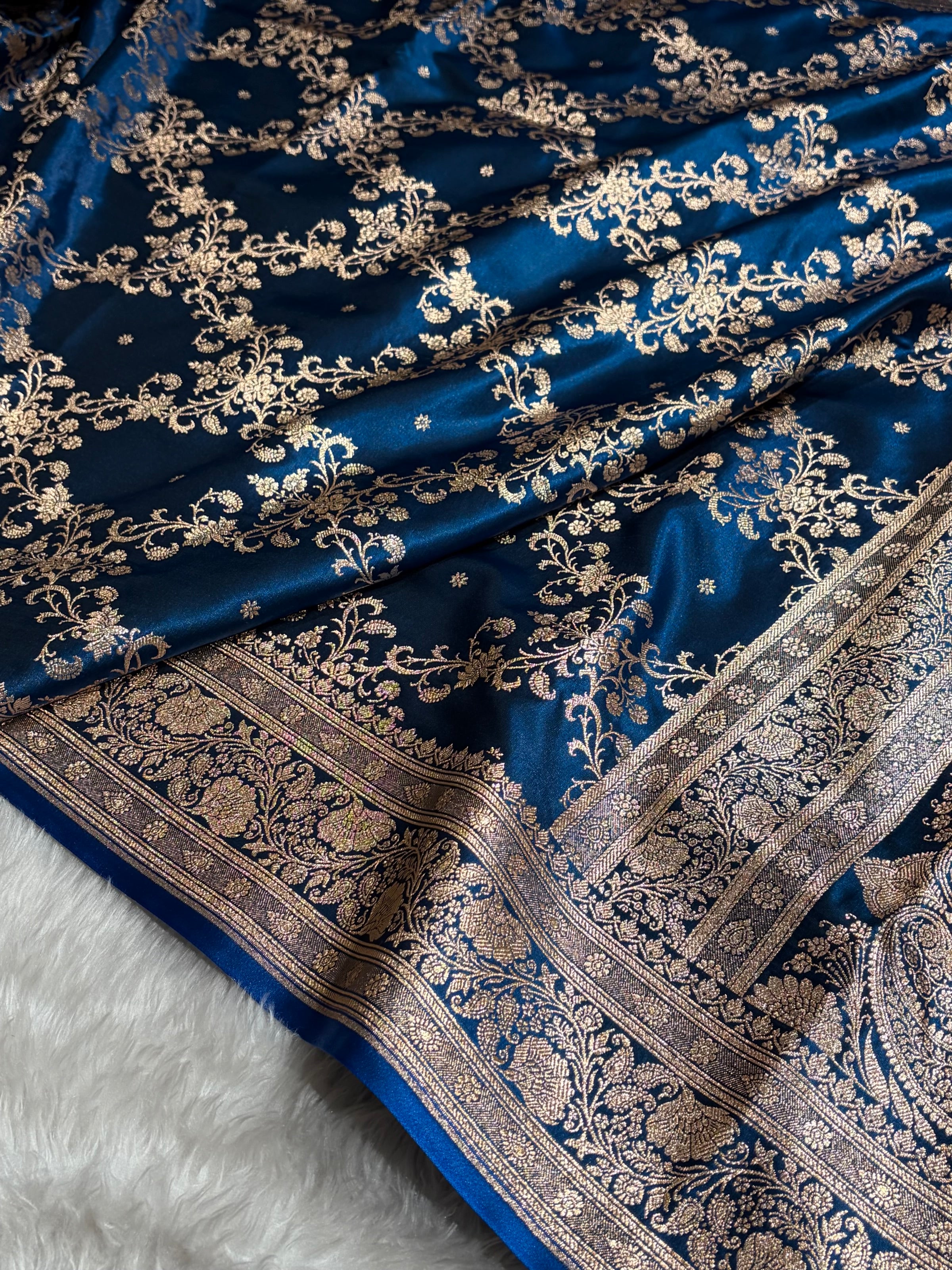 German Blue Shades Jaal Pattern Banarasi Satin Silk Saree SS48