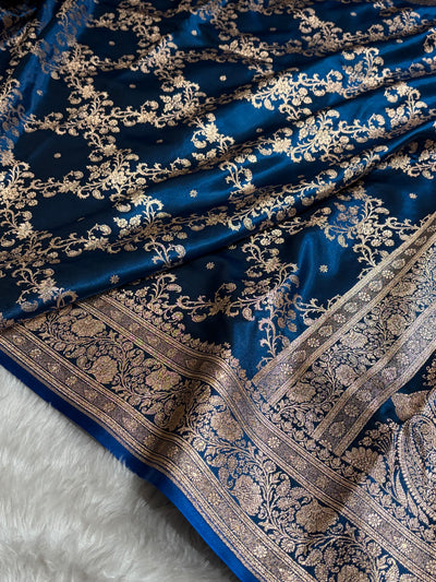 German Blue Shades Jaal Pattern Banarasi Satin Silk Saree SS48