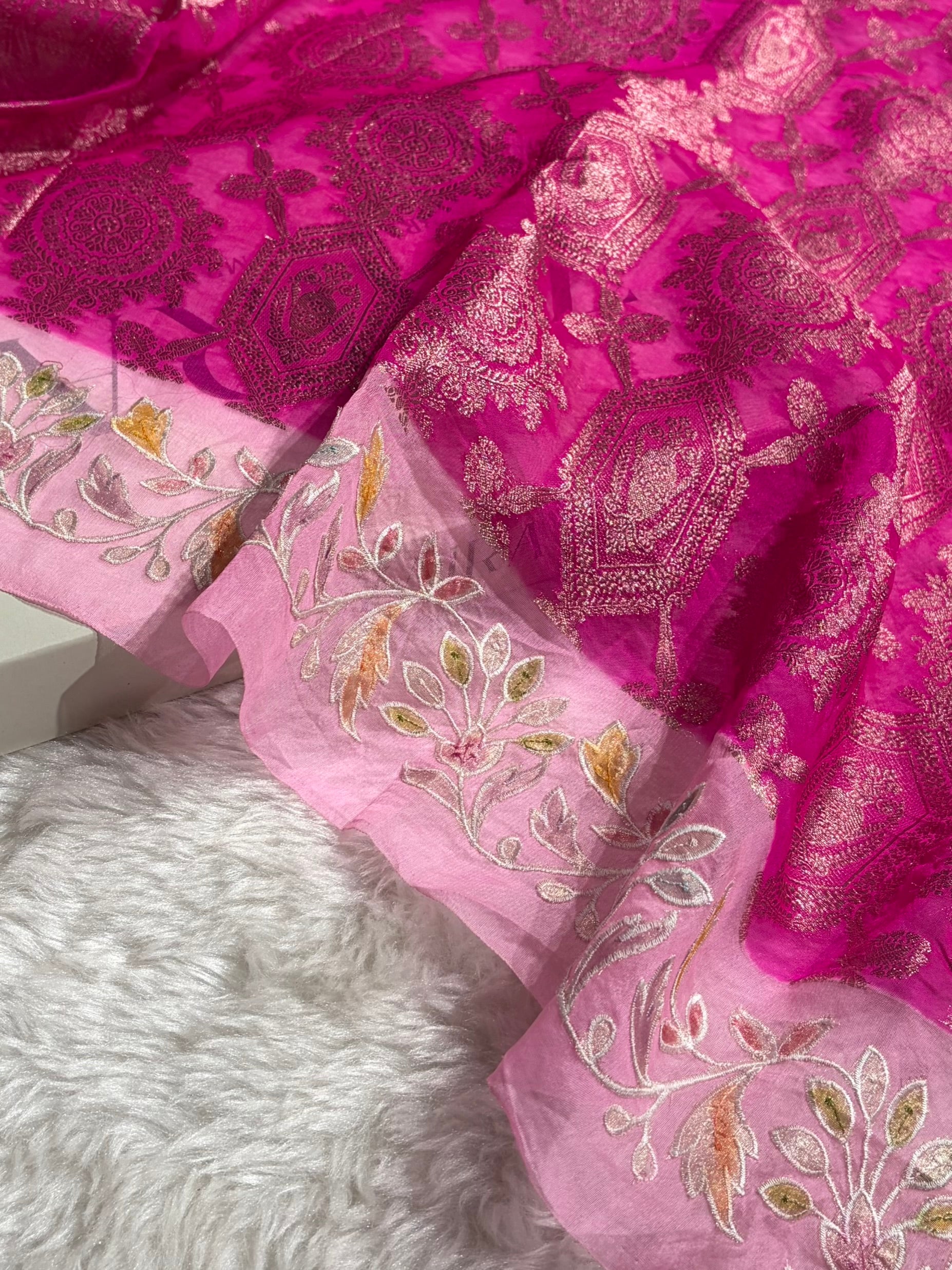 Banarasi Pure Organza Contrast Rani With Baby Pink Shades Banarasi Silk Saree PO-41