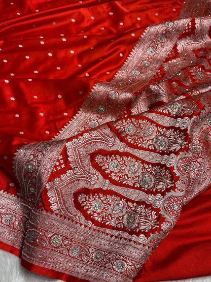 Bridal Rusty Orange Booti Mashru Silk Saree with Ari and Stone Work