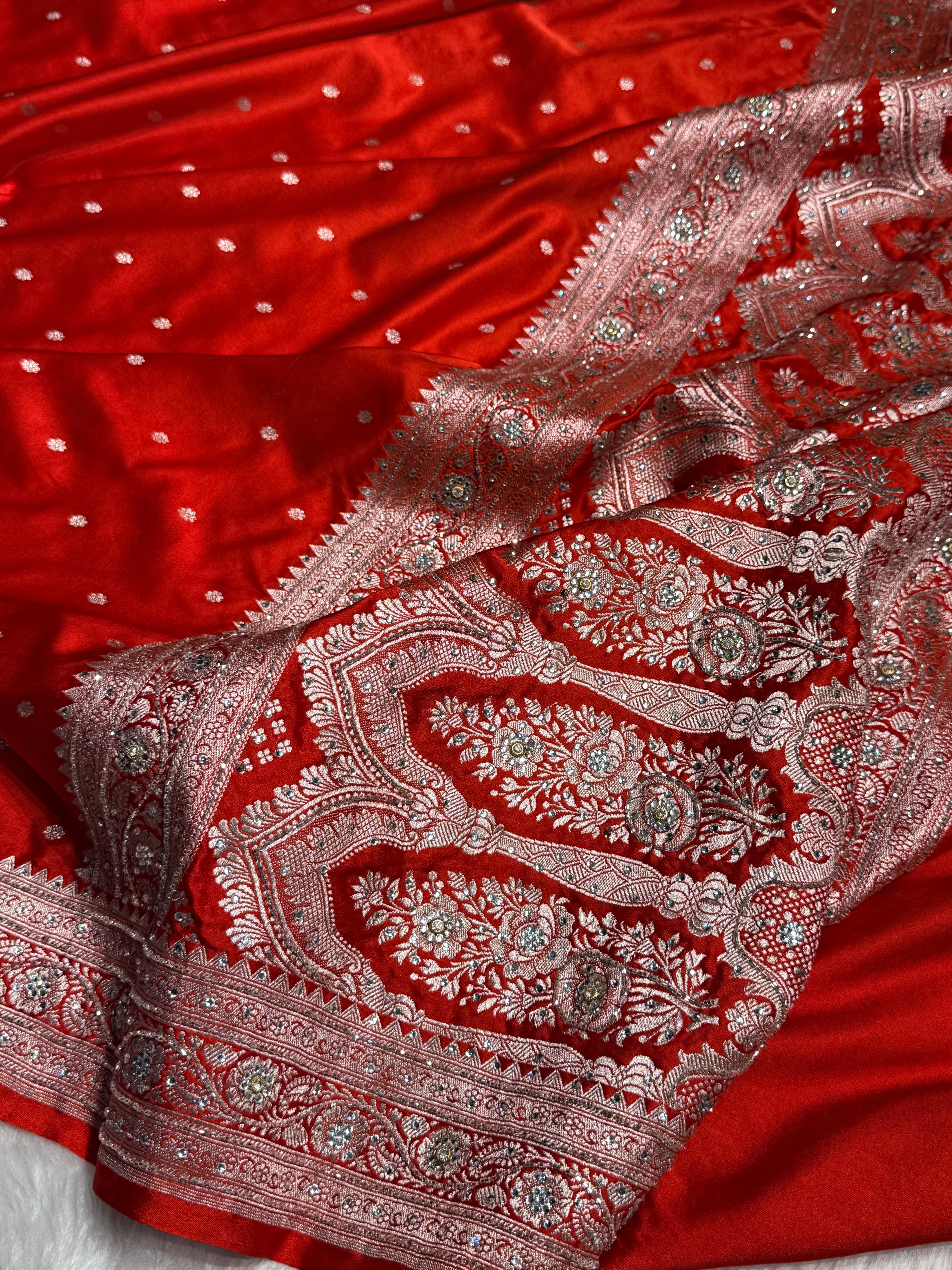 Bridal Rusty Orange Booti Mashru Silk Saree with Ari and Stone Work