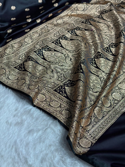 Banarasi Dark Wine Floral Boota Pattern Satin Katan Silk Saree SK71