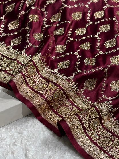 Garnet Floral Jaal Pattern with Sewarovsi Work Satin Katan Silk saree BSK42