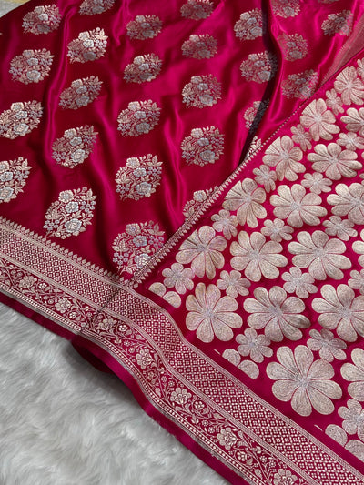 Premium Banarasi Satin Katan Saree With Minakari Boota in Rani Shades SK93