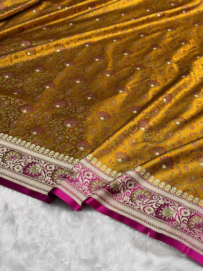 Mustard - Rani Contrast Jamawar Tanchoi Jaal Katan Silk Saree SKTM-18