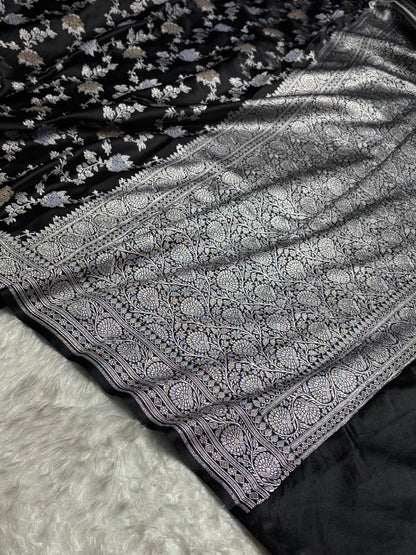 Banarasi Black Shades Jaal Pattern Mashru Silk Saree MS57