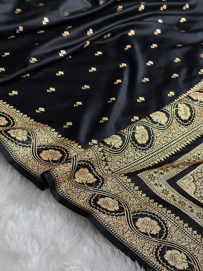 Banarasi Black Booti Pattern Satin Katan Silk Saree SK54