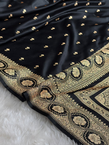 Banarasi Black Booti Pattern Satin Katan Silk Saree SK54
