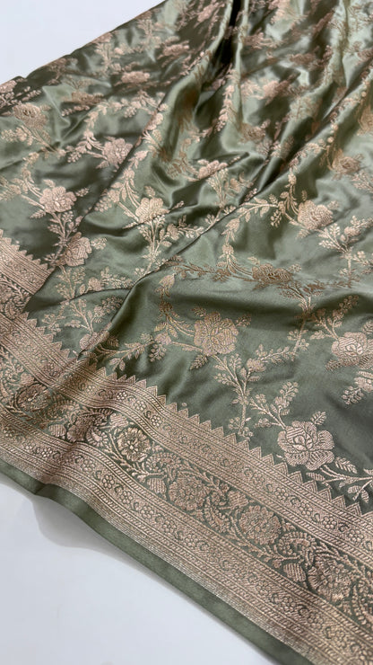 Banarasi Pattern Pastel Mehandi Mashru Silk Saree