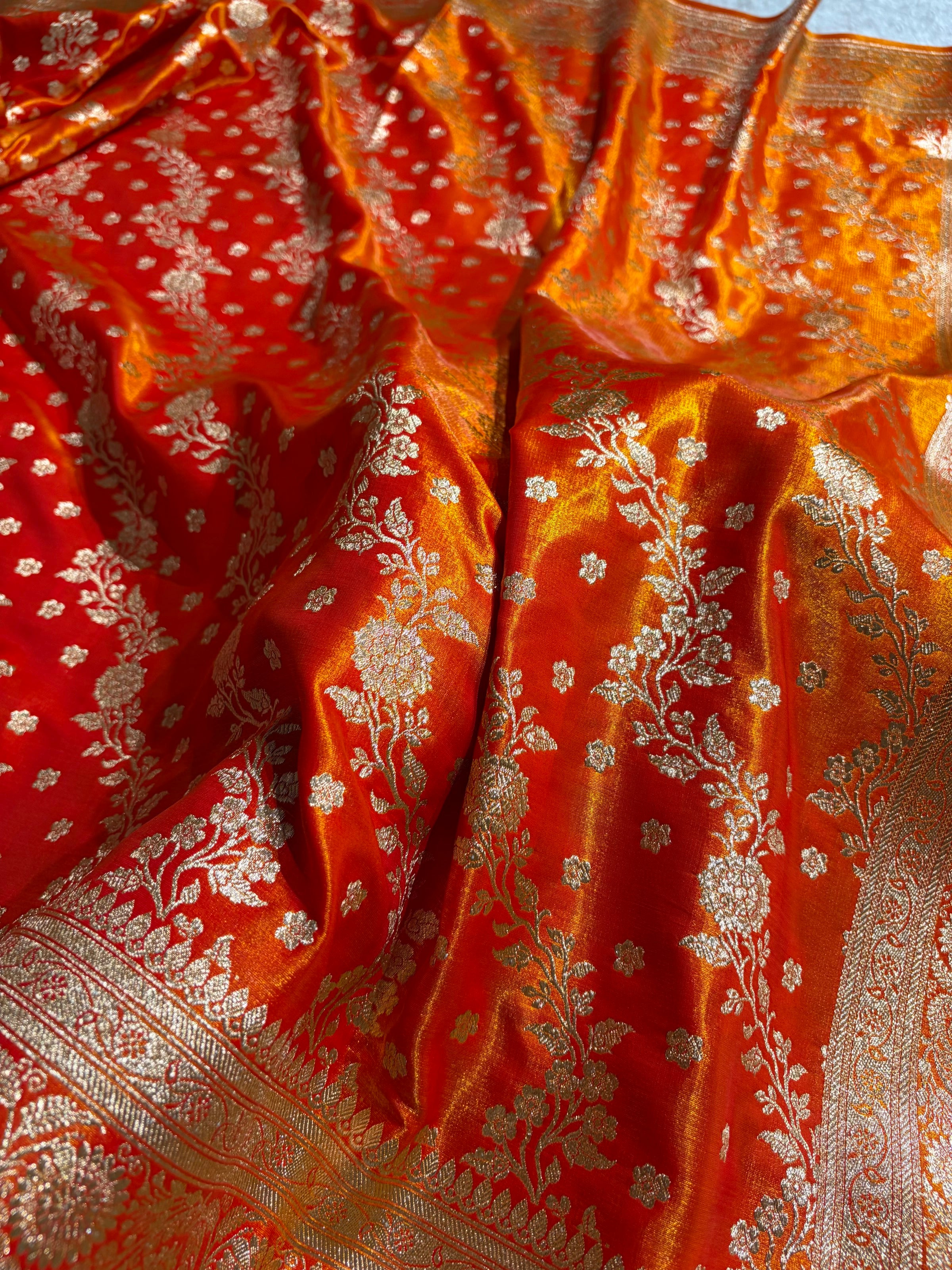 Satin Silk Saree Cross with Booti in Fire Gold Shades SS24