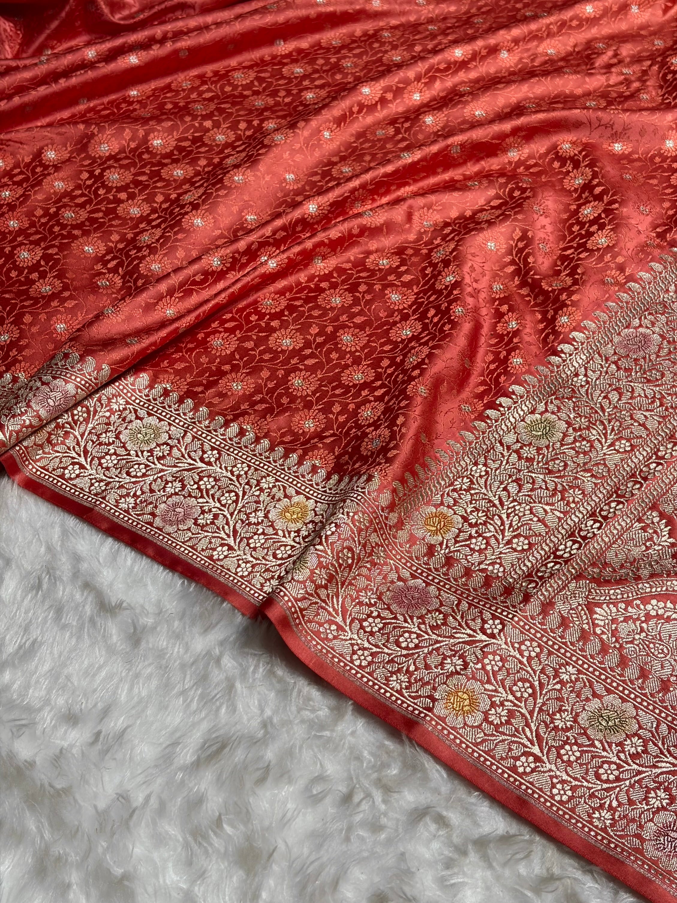 Strawberry Shades Booti Minakari Tanchoi Mashru Silk Saree MS49
