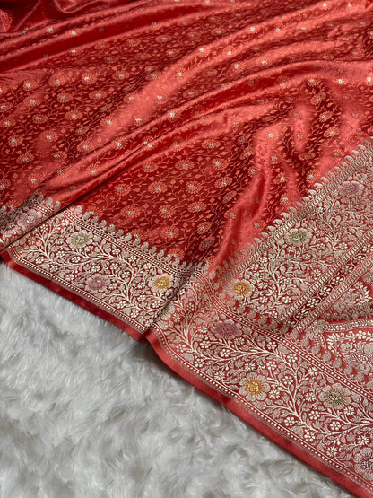 Strawberry Shades Booti Minakari Tanchoi Mashru Silk Saree MS49