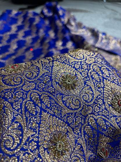 Royal Blue Floral Jaal Pattern Satin Katan Silk Saree BSK43