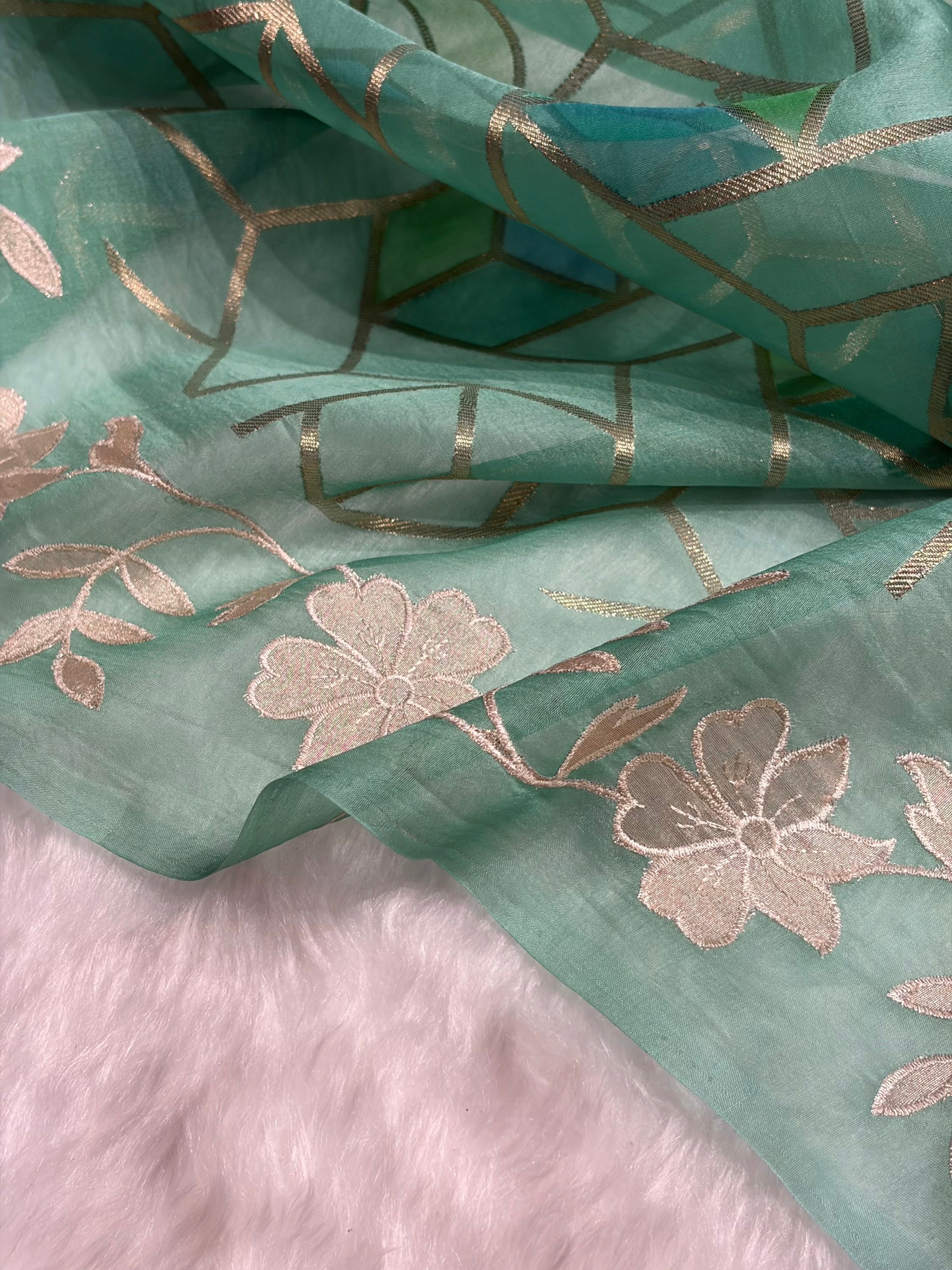 Pure Organza Rangkat Turquoise Floral Border Banarasi Silk Saree PO-07
