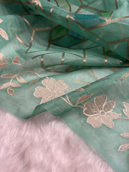 Pure Organza Rangkat Turquoise Floral Border Banarasi Silk Saree PO-07