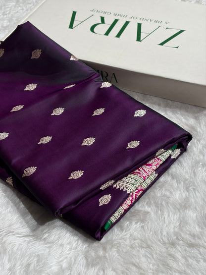 Banarasi Cross Wine With Contrast Rani Floral Border Mashru Silk Saree MSM-101