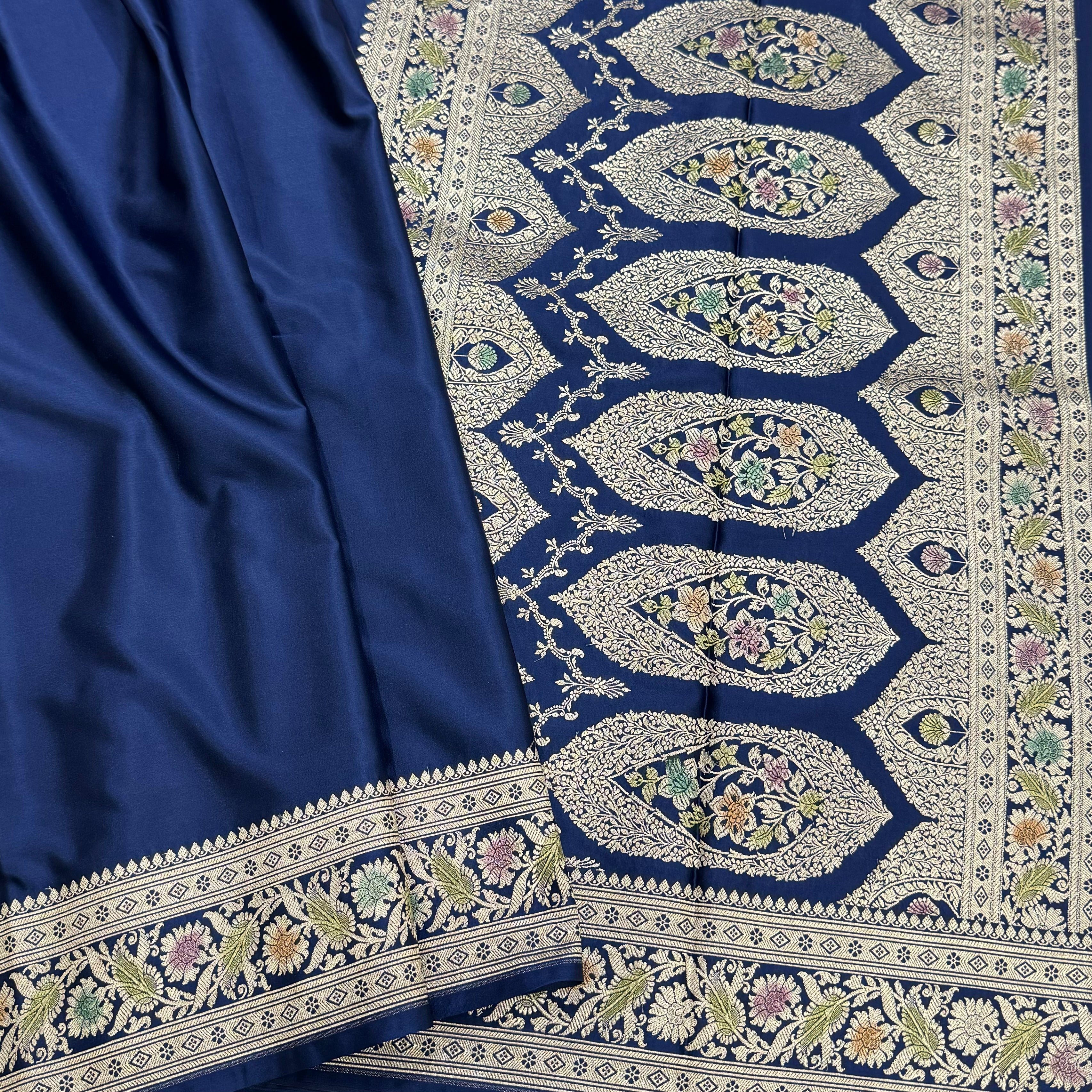 Navy Minakari Plain Mashru Silk Saree