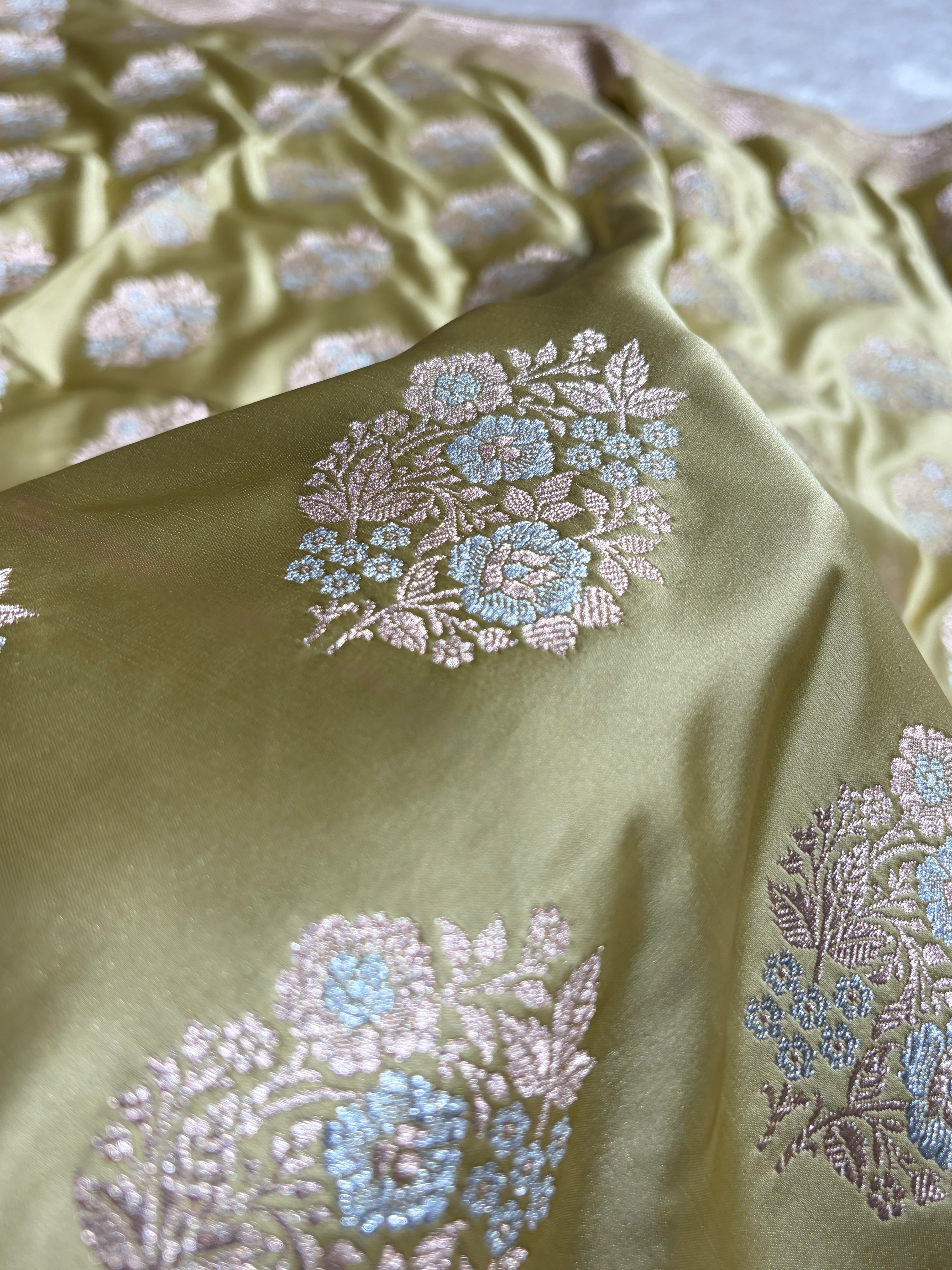 Premium Banarasi Satin Katan Saree With Minakari Boota in Beige Shades SK93