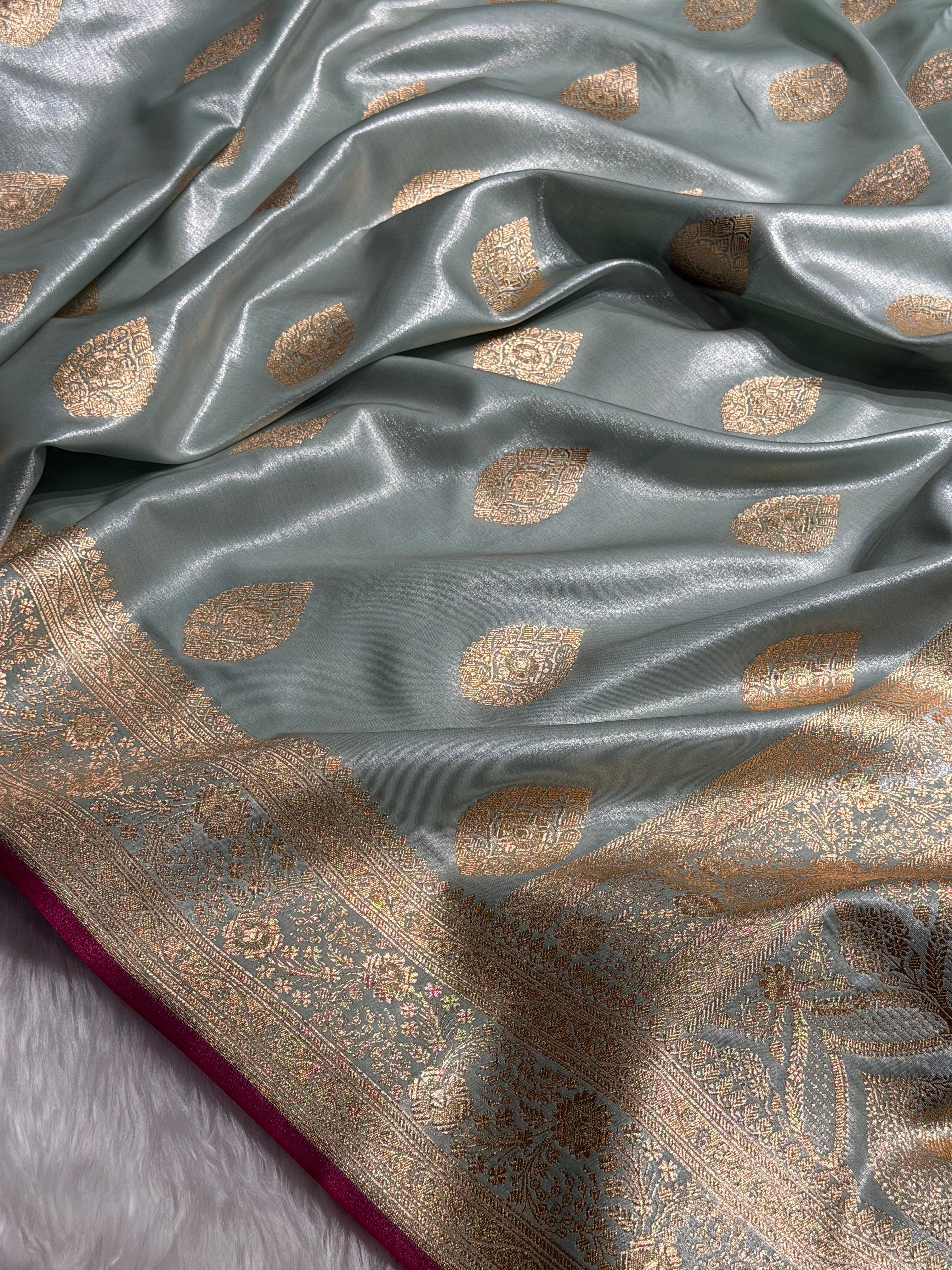 Ultra Light Weight Satin Silk Boota in Mint Green Shades SS05