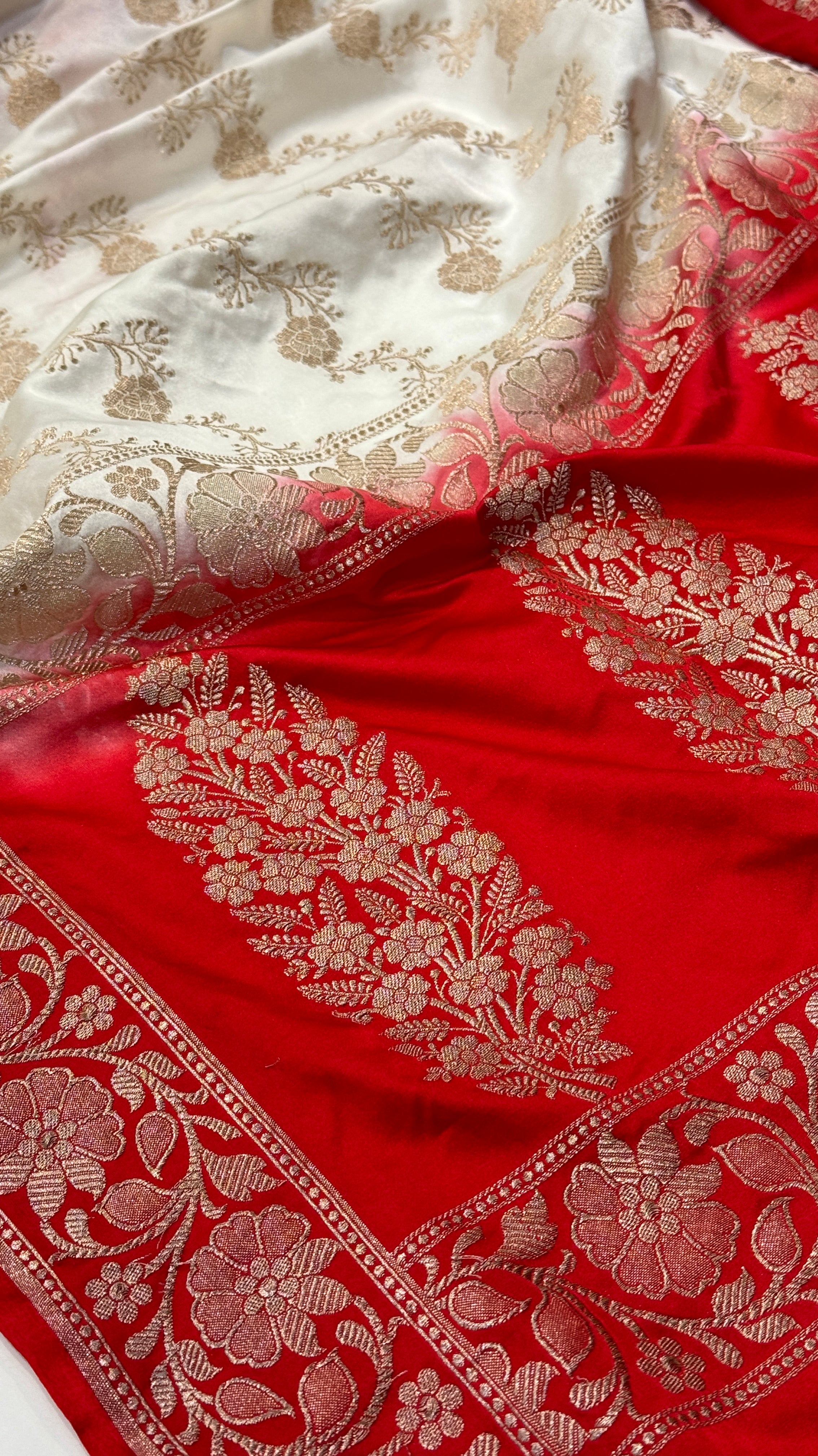 White - Red Border Banarasi Jaal Mashru Silk Saree