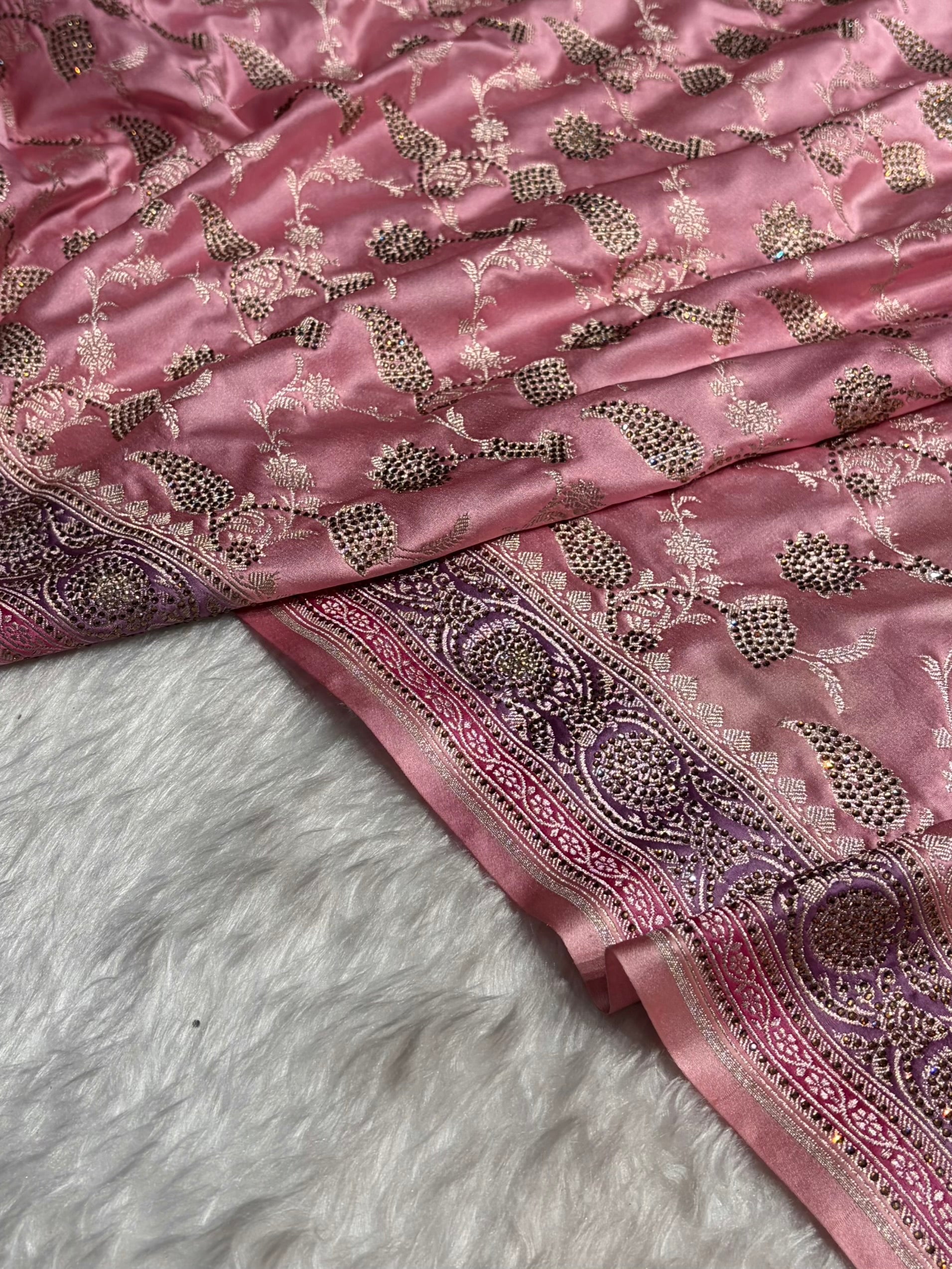 Baby Pink Shades In Banarasi Swarovski Work Jaal Mashru Silk Saree BMS42