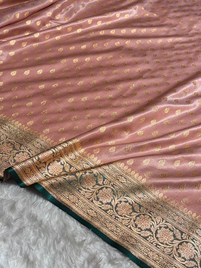 Banarasi Contrast Satin Silk Booti in Rose Gold With Peacock Shades SS01