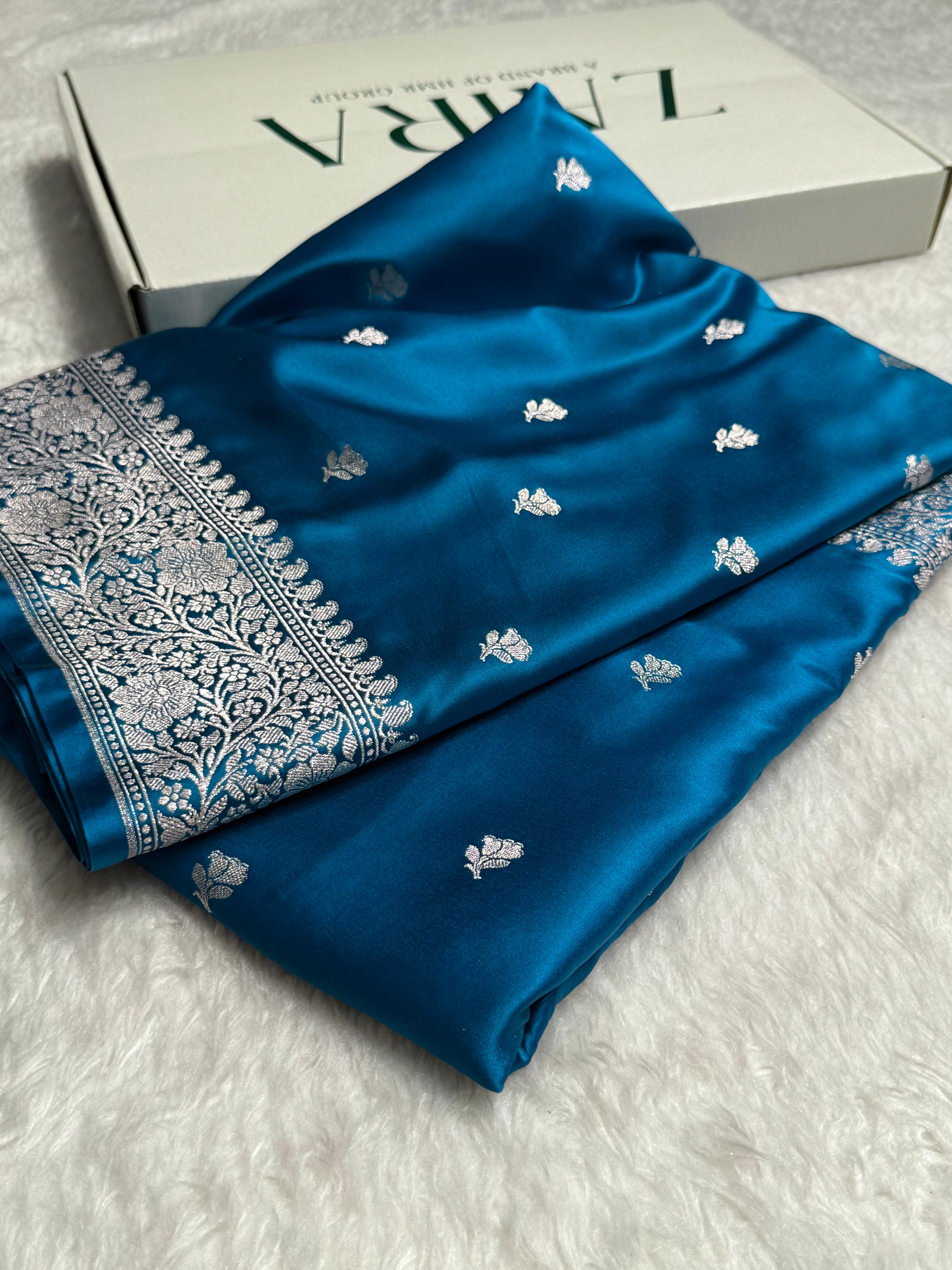 Dusty German Blue floral Booti Mashru Silk Saree