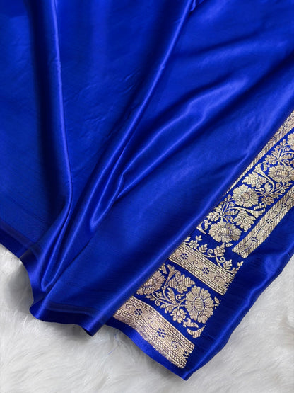 Royal Blue Floral Jaal Pattern Satin Katan Silk saree SK42
