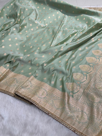 Banarasi Satin Katan Silk Saree In Pastel Pista Shades with gotta Patti SKGP7