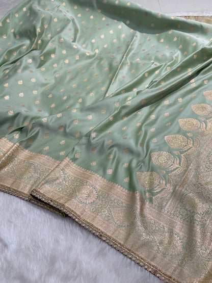 Banarasi Satin Katan Silk Saree In Pastel Pista Shades with gotta Patti