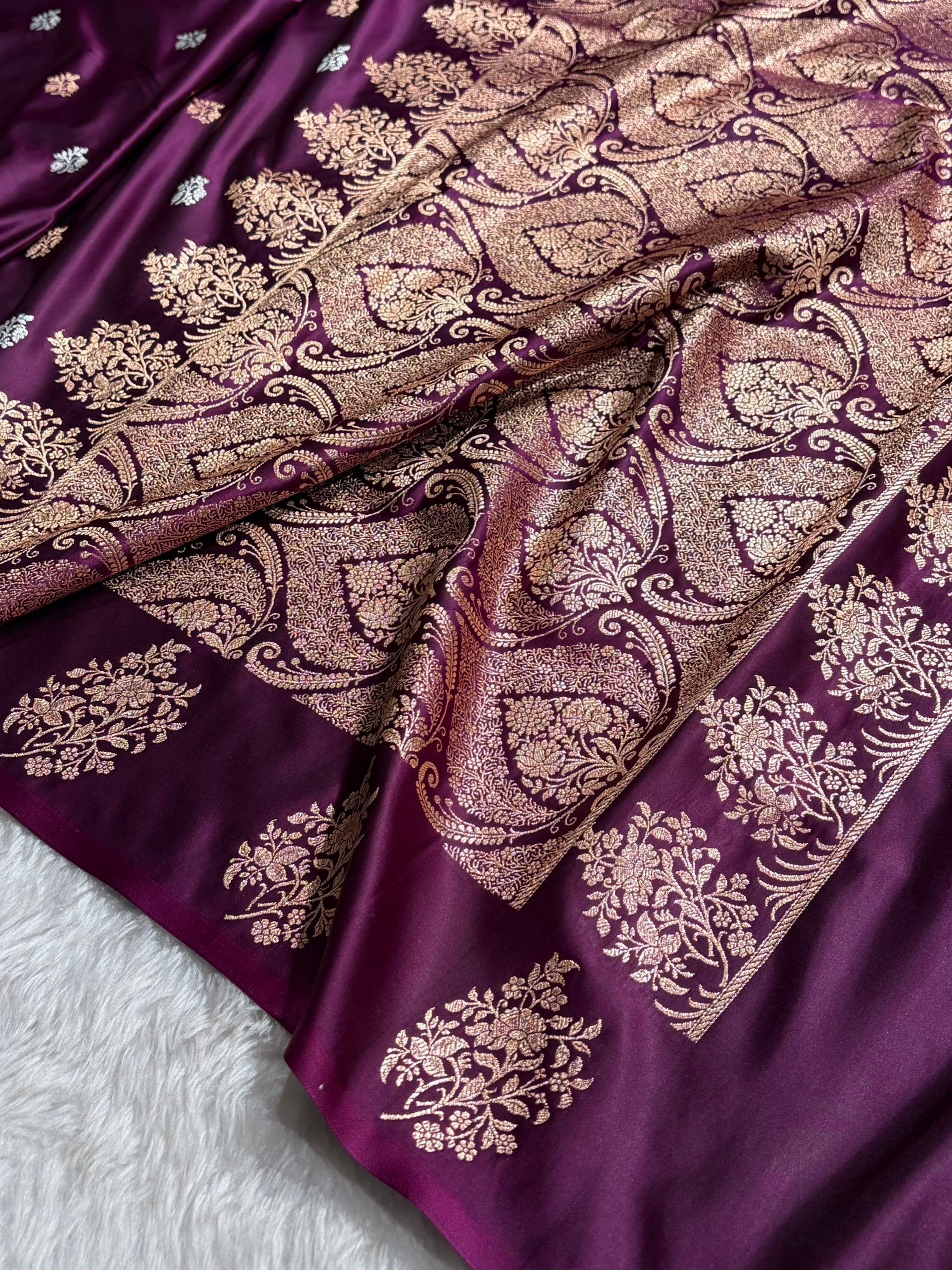 Dark Wine Shades Banarasi With Floral Border Mashru Silk Saree MSM-126